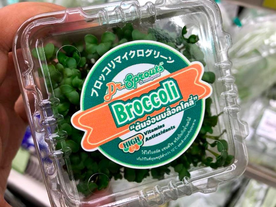 Close-up of a labelled Dr.Sprouts broccoli microgreens pack